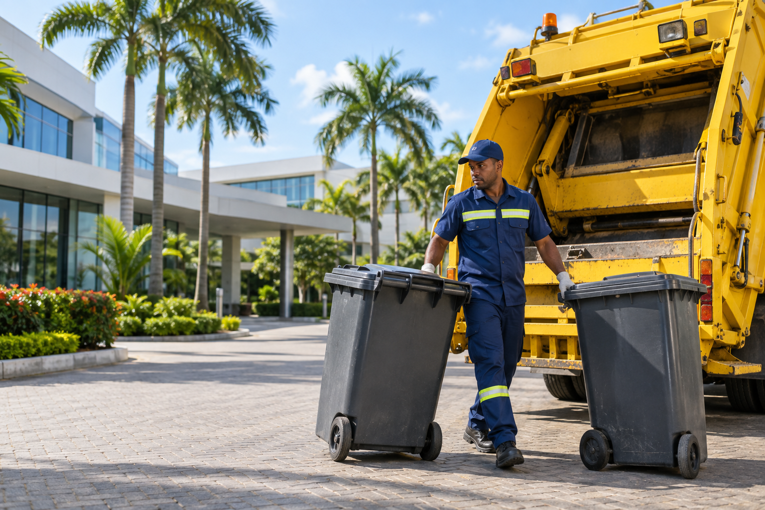 Medewerker met afvalcontainers bij een gele vuilophaaltruck